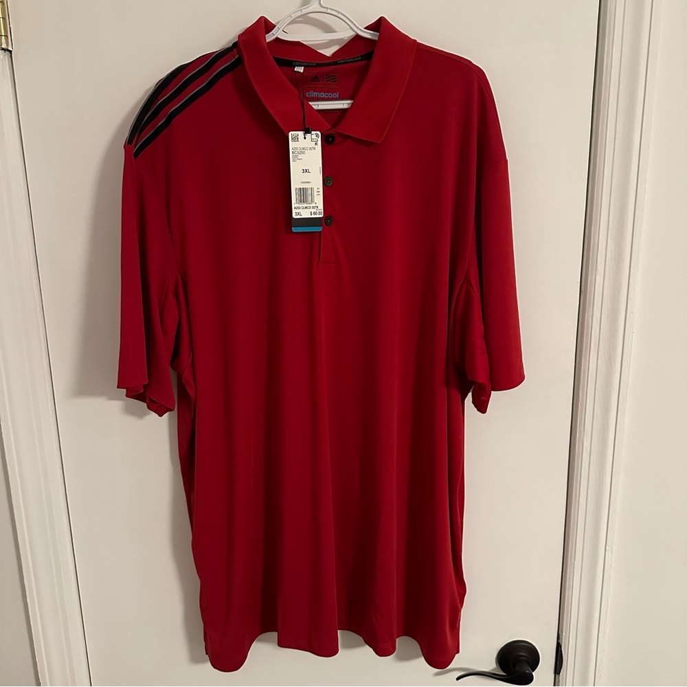 Adidas men’s 3 shoulder stripe golf polo, red/black/grey, 3XL w tags
